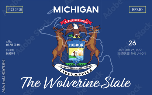 Vector poster background of the US state of Michigan, with name, map borders, state flag design, nickname, order number and date of admission to the Union, capital, area. Illustration 22 of 50. 