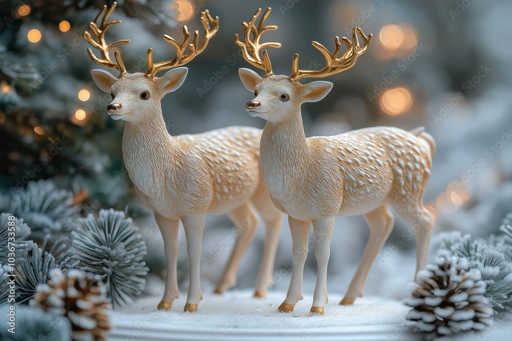 Adorable golden deer figurines with delicate antlers, standing on snow, surrounded by festive pine branches