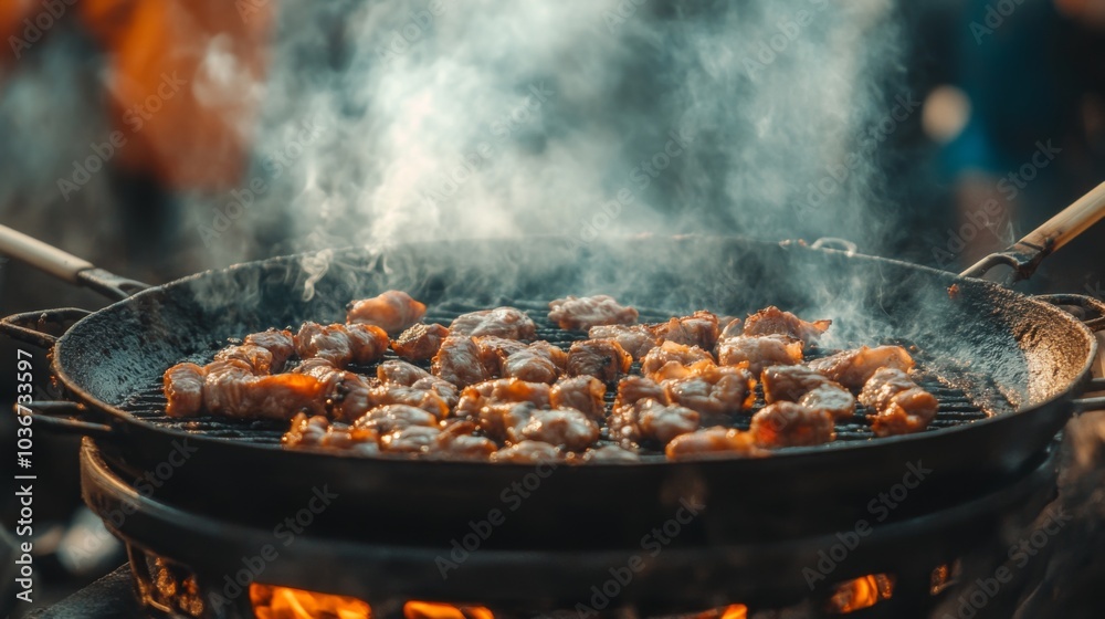 Sizzling Meat on Outdoor Grill in Bright Light Sizzling Meat on Outdoor Grill in Bright Light