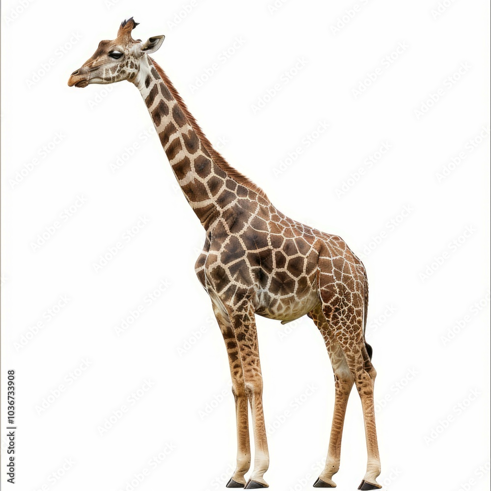 Majestic giraffe standing tall, showcasing its distinctive long neck and patterned coat against a clean white backdrop Majestic giraffe standing tall, showcasing its distinctive long neck and patterned coat against a clean white backdrop
