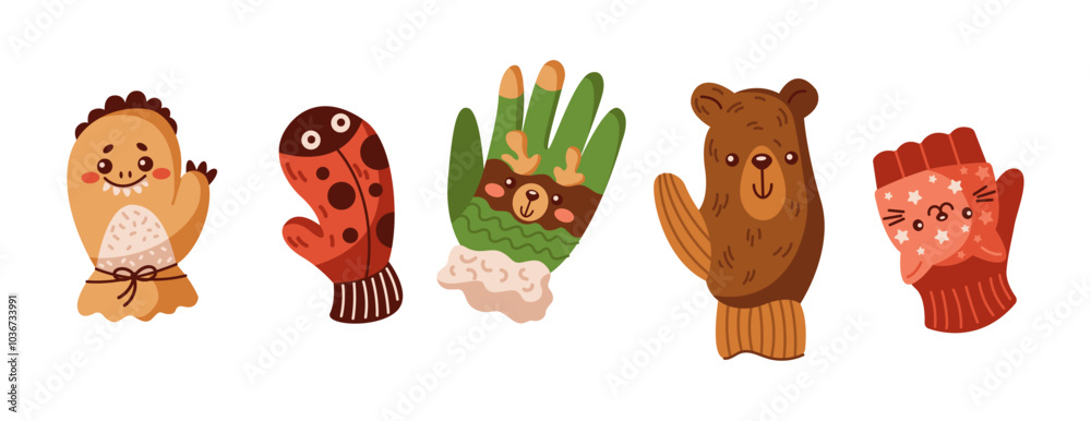 Fototapeta premium Adorable animal shaped knitted mittens flat color vector objects set. Bear reindeer cat ladybug and monster designs illustrations pack on white