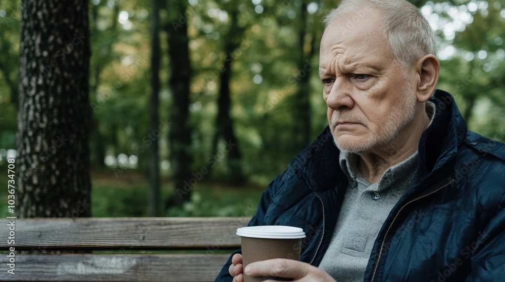 Middle-aged man with slight tremor holding cup of coffee on park bench, symbolizing struggle with Parkinson's disease, calm natural setting. Middle-aged man with slight tremor holding cup of coffee on park bench, symbolizing struggle with Parkinson's disease, calm natural setting.