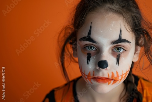 Portrait of a woman with striking orange Halloween makeup photo