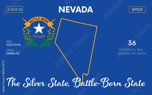 Vector poster background of the US state of Nevada, with name, map borders, state flag design, nickname, order number and date of admission to the Union, capital, area. Illustration 28 of 50. 