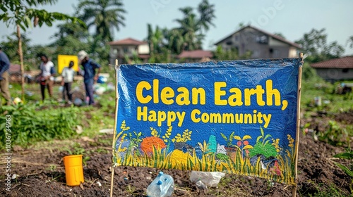 A sign reading 'Clean Earth, Happy Community' stands in a garden, where people are planting trees.