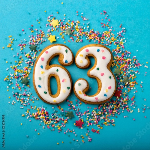 Decorated cookie, number 63, image for birthday or anniversary celebration