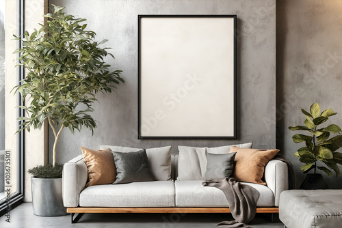 A blank framed artwork or poster, blank for design mockups, hanging on the wall of a living room, with a stylish interior, Grey wall background, Empty picture frame mockup, Rendering template
