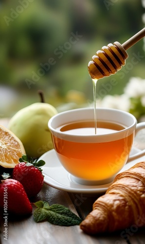 Honey dripping into tea with fruit and croissant. photo