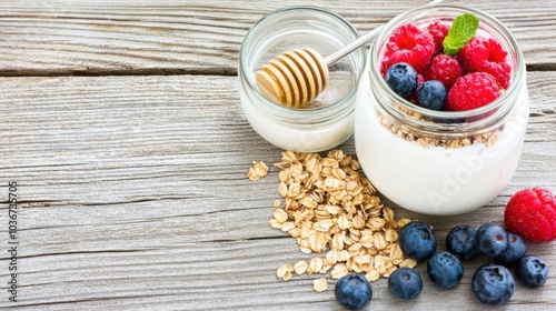 Yogurt parfait with granola, fresh raspberries, blueberries, and honey on a rustic wooden table Created with Generative AI.