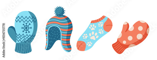 Cozy winter clothes with hat mittens and socks flat color vector objects set. Stylish warm accessories illustrations pack on white