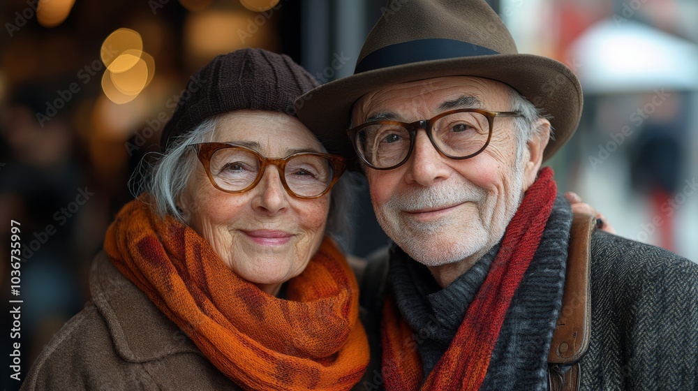 Man and a woman are smiling at the camera. The man is wearing a hat and glasses, and the woman is wearing a scarf. They seem to be enjoying a moment together Man and a woman are smiling at the camera. The man is wearing a hat and glasses, and the woman is wearing a scarf. They seem to be enjoying a moment together