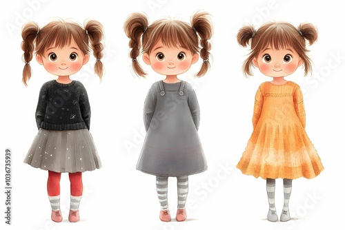 Three Adorable Girls in Different Outfits Watercolor: A sweet illustration of three young girls with adorable hairstyles, each wearing a unique and charming outfit. They stand side-by-side.