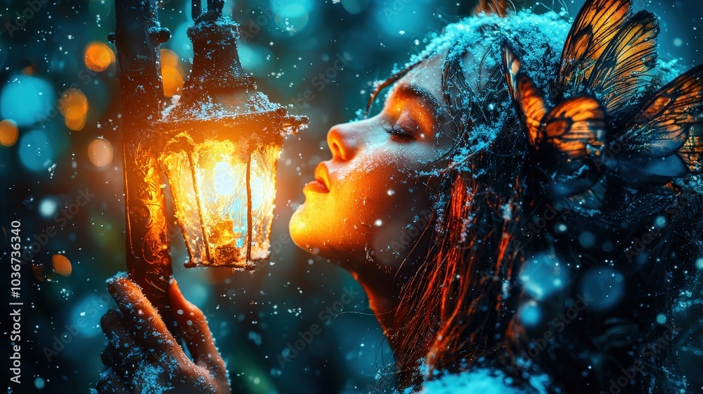 Fototapeta premium Enchanted Winter Fairy with Lantern in Snowy Forest