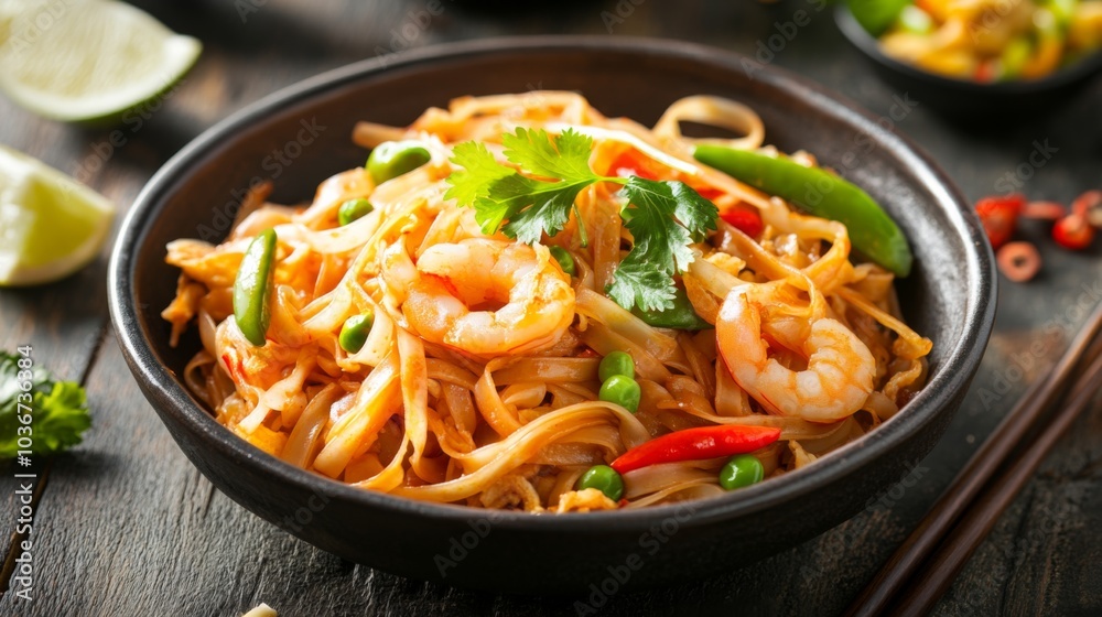 Warm Pad Thai with Cilantro in Rustic Ceramic Dish Warm Pad Thai with Cilantro in Rustic Ceramic Dish