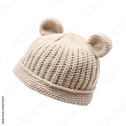 Close-up of a baby hat with tiny ears on top, shot from the side isolated on a transparent background
