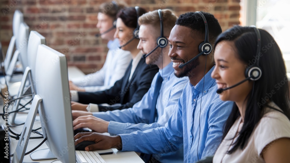 Dedicated customer service team working in a modern office environment. Dedicated customer service team working in a modern office environment.