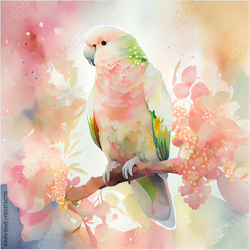 Wallpaper Mural Watercolor painting of pink and white parrot with sakura flowers in soft pastel tones Torontodigital.ca