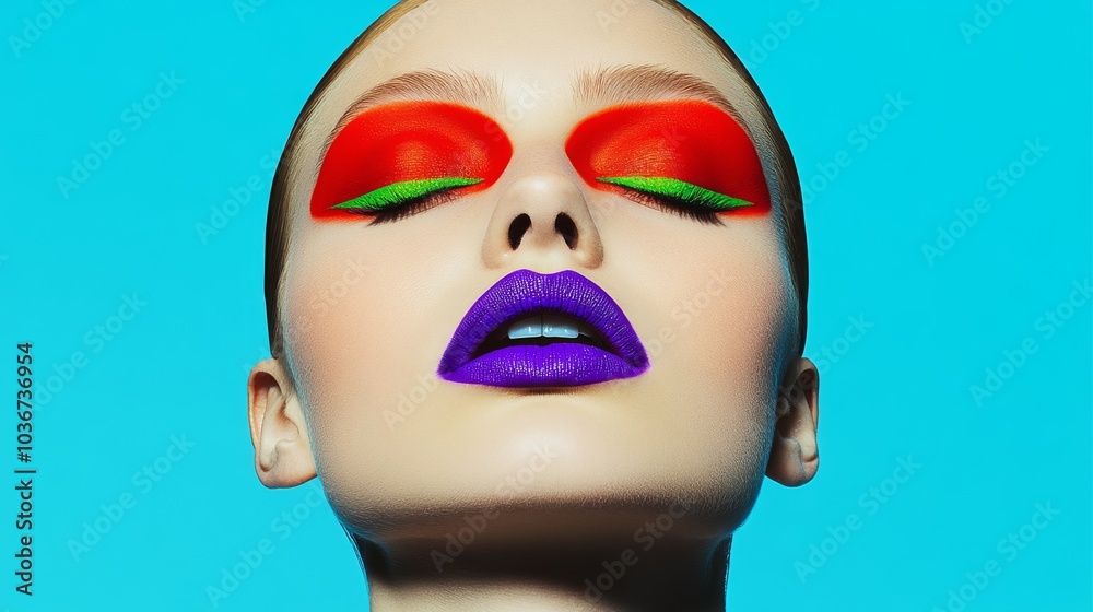 Vibrant Neon Portrait of Woman with Bold Makeup in Futuristic Lighting Vibrant Neon Portrait of Woman with Bold Makeup in Futuristic Lighting