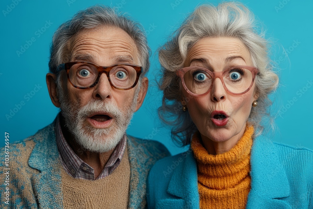 Man and a woman are posing for a picture with their eyes wide open. man is wearing glasses and the woman is wearing a sweater. Scene is lighthearted and playful, as the couple is making a silly face Man and a woman are posing for a picture with their eyes wide open. man is wearing glasses and the woman is wearing a sweater. Scene is lighthearted and playful, as the couple is making a silly face