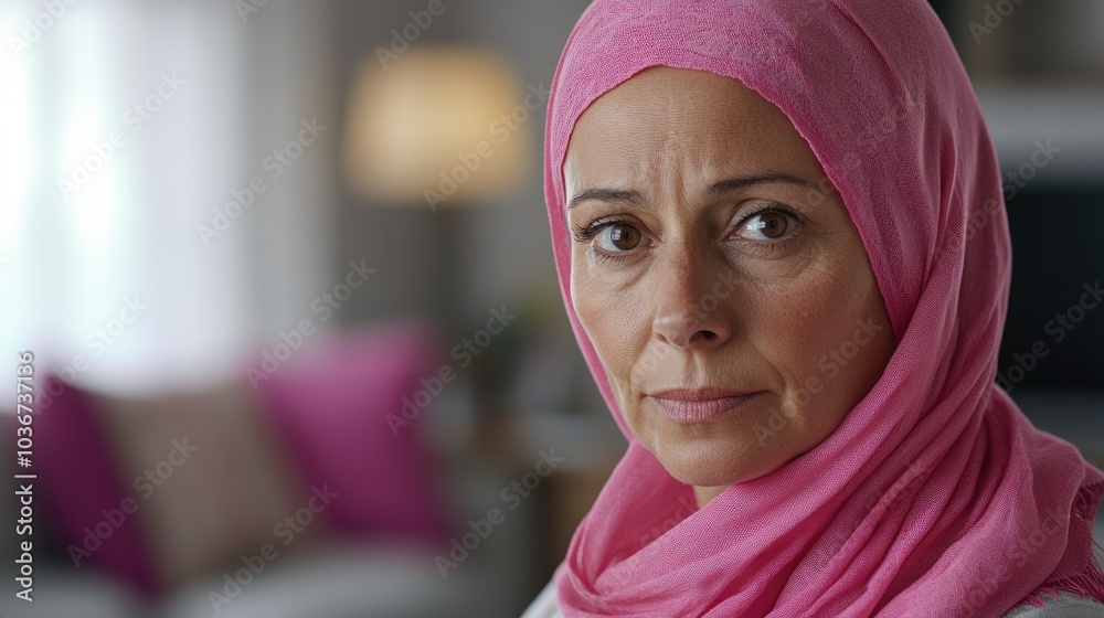 A older woman with cancer, wearing a pink scarf, looks directly into the camera Breast Cancer support A older woman with cancer, wearing a pink scarf, looks directly into the camera Breast Cancer support