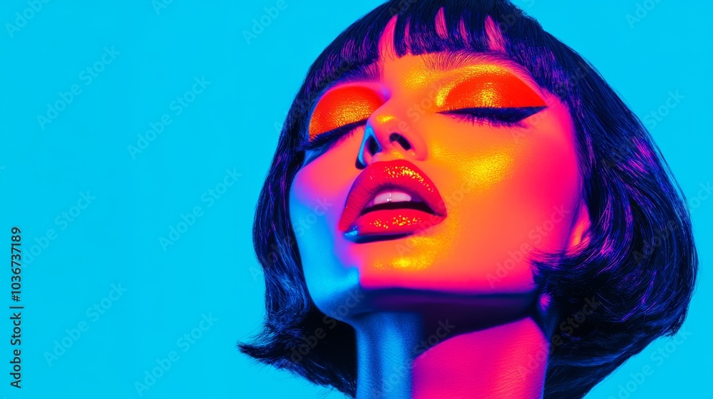 Vibrant Neon Portrait of Woman with Bold Makeup in Futuristic Lighting Vibrant Neon Portrait of Woman with Bold Makeup in Futuristic Lighting