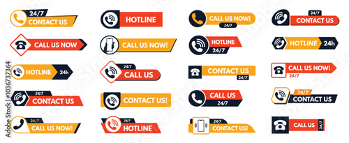 Contact us buttons. Customer service label, call us now and 24 7 support hotline with telephone handset and phone icons. Call to action badges vector set.