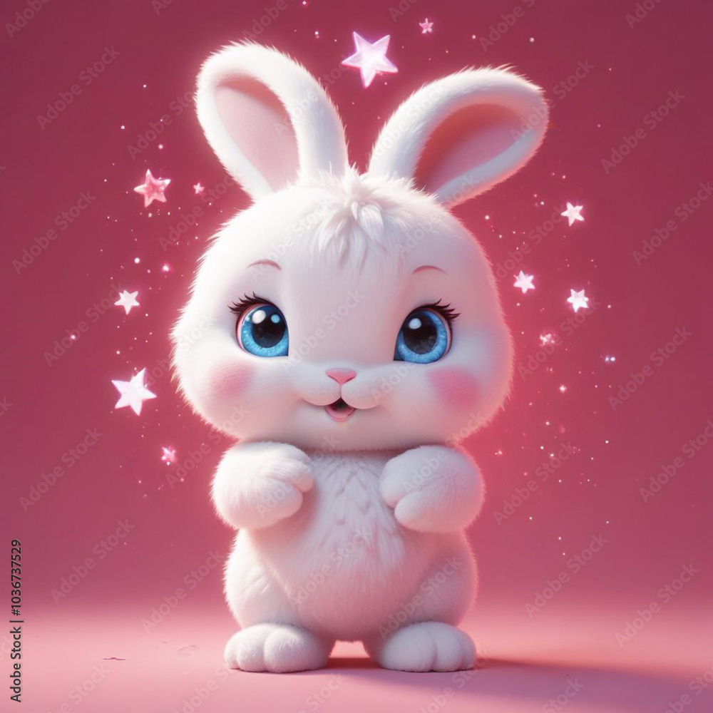Cute fluffy bunny surrounded by magical stars on a soft pink background Cute fluffy bunny surrounded by magical stars on a soft pink background