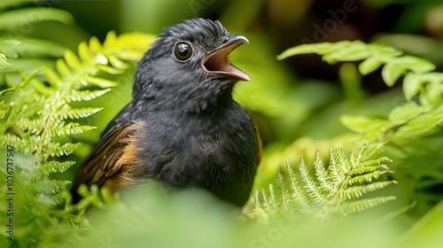 A small black and orange bird with a bright yellow beak singing in a fern bush. photo