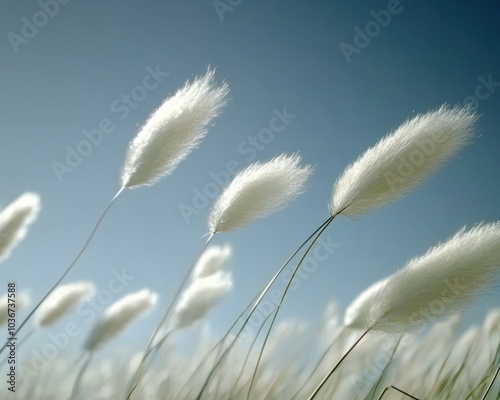 Tall white fluffy grass blowing in the wind on a sunny day - Outdoor photo