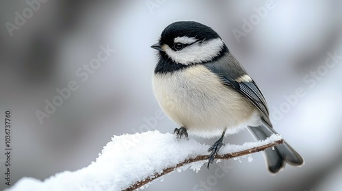A small black-capped chickadee perched on a snowy branch.