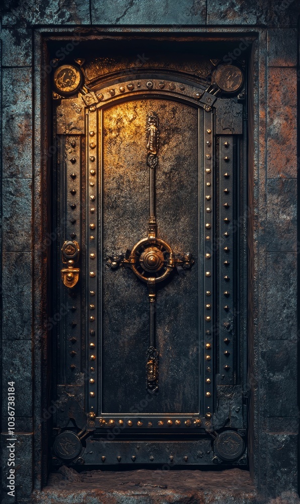 A dark ornate metal door with gold accents. A dark ornate metal door with gold accents.
