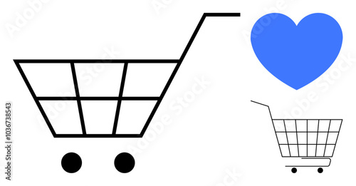 Combination of a shopping cart and a blue heart. Ideal for ecommerce love consumerism retail satisfaction online shopping and customer loyalty. Minimalist and modern style