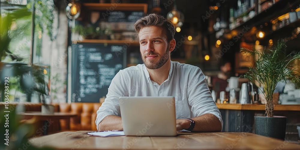Thoughtful businessman working in a cafe, Generative AI Thoughtful businessman working in a cafe, Generative AI