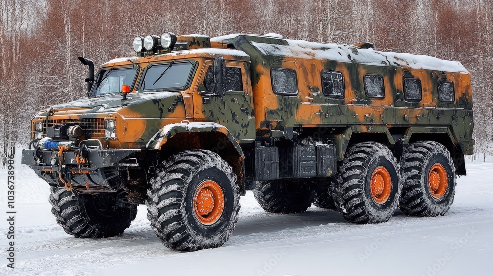 A military-style, six-wheeled, all-terrain vehicle with a camouflage paint scheme is parked in a snowy field. A military-style, six-wheeled, all-terrain vehicle with a camouflage paint scheme is parked in a snowy field.