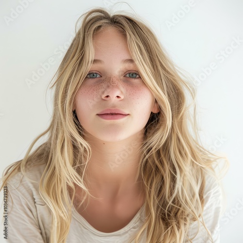 Portrait of a young blonde girl with freckles and wavy hair looking at the camera