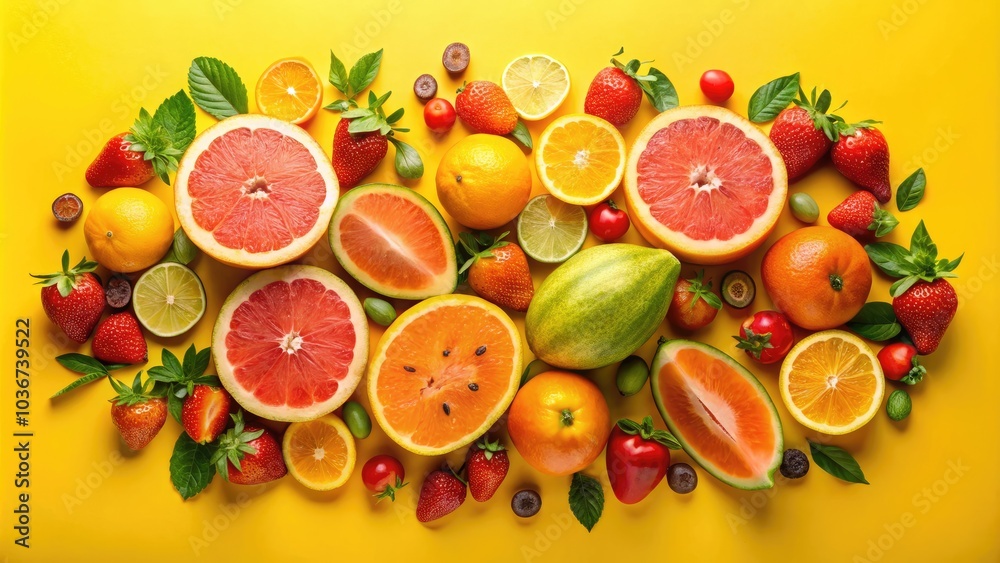 Vibrant Summer Fruits on Yellow Background - Minimalist Photography of Fresh Seasonal Produce, Colorful Fruits, and Refreshing Aesthetics for Summer Vibes and Healthy Living Vibrant Summer Fruits on Yellow Background - Minimalist Photography of Fresh Seasonal Produce, Colorful Fruits, and Refreshing Aesthetics for Summer Vibes and Healthy Living