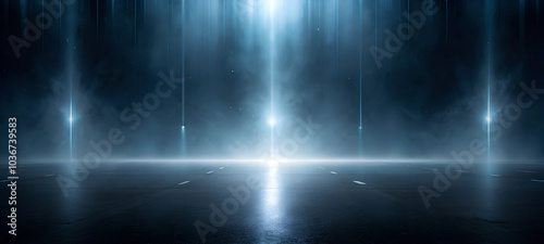 A dark, atmospheric scene of an empty street with a smooth asphalt surface, surrounded by a misty fog