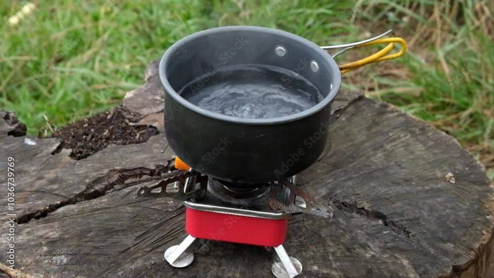 Cook water using a portable gas stove. Mini gas stoves for camping or other outdoor activities. Aluminum pans for outdoor activities. Footage 4K,60Fps Cook water using a portable gas stove. Mini gas stoves for camping or other outdoor activities. Aluminum pans for outdoor activities. Footage 4K,60Fps