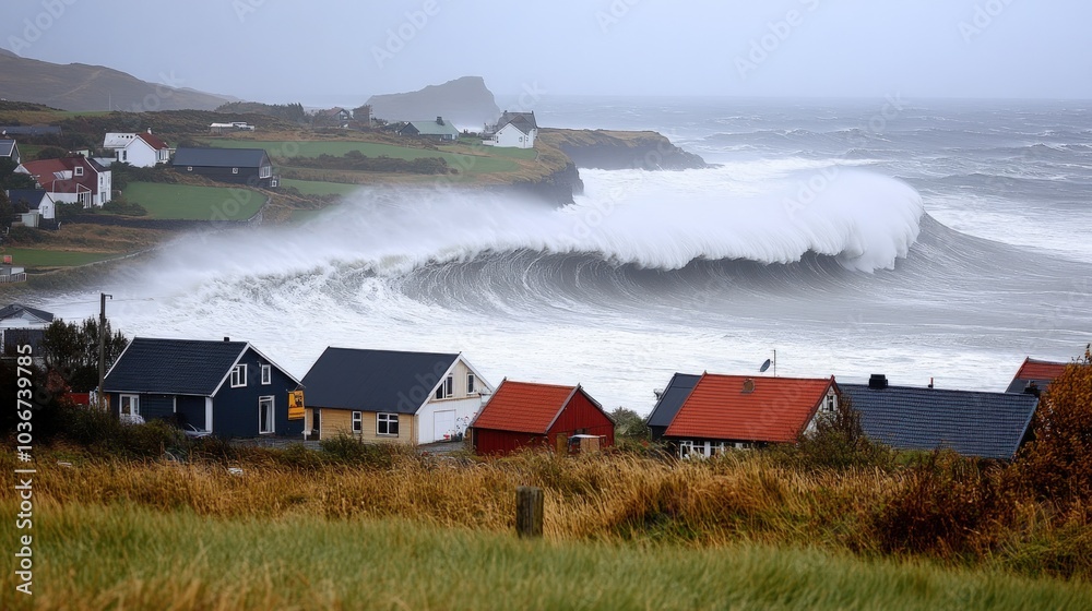 A large wave crashes against the coastline, with houses in the foreground and a cloudy sky overhead. A large wave crashes against the coastline, with houses in the foreground and a cloudy sky overhead.