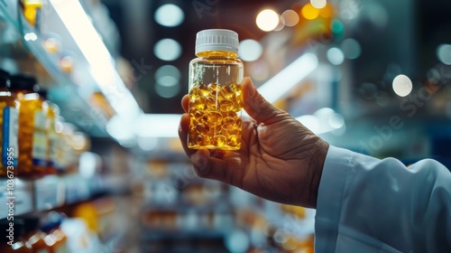 Close-up of a hand holding a bottle of pills in a store.