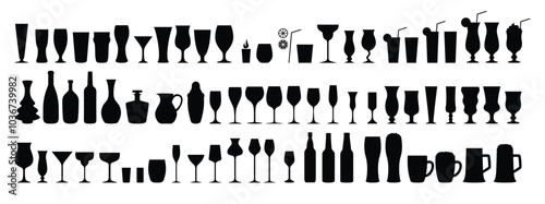 Silhouettes various alcohol cocktail glasses bar set. Black Isolated Glasses of wine, glasses of beer, bar bottles and shot glasses