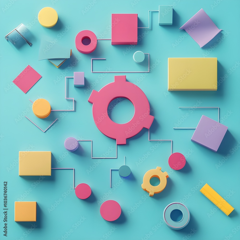 Colorful Geometric Shapes and Objects on Blue Background Colorful Geometric Shapes and Objects on Blue Background