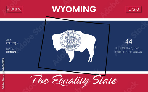 Vector poster background of the US state of Wyoming,  with name, map borders, state flag design, nickname, order number and date of admission to the Union, capital, area. Illustration 50 of 50.