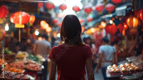 A Woman Walking Through a Traditional Market Decorated with Lanterns