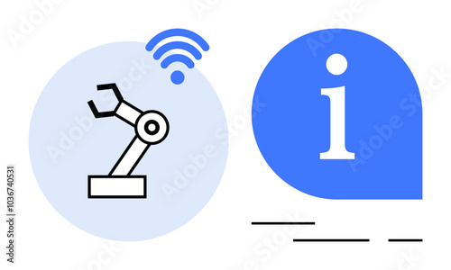 Robotic arm with wireless signal in a blue circle next to an information symbol. Ideal for technology education automation robotics wireless communication technical support. Clean modern style