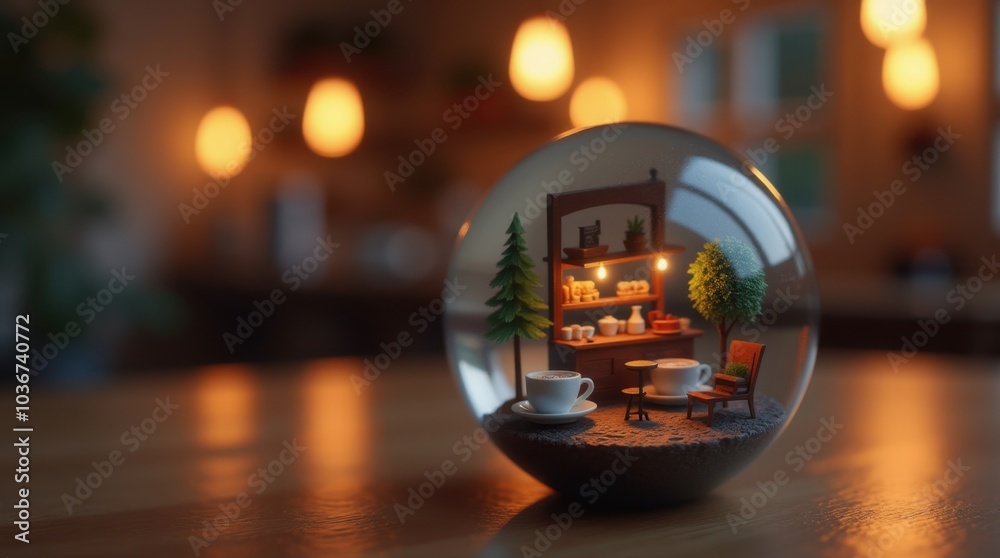 A close-up of a glass marble that encapsulates a cozy coffee shop scene complete with a miniature cup. A close-up of a glass marble that encapsulates a cozy coffee shop scene complete with a miniature cup.