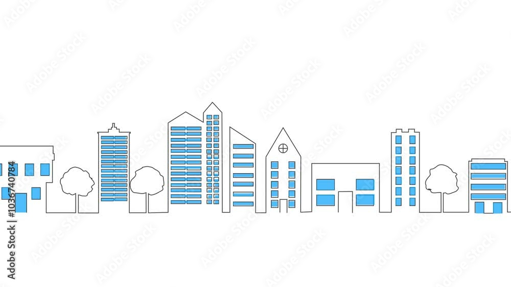 Line Drawing cityscape panorama animation. City building animated illustration outline. City landscape, construction and simplicity