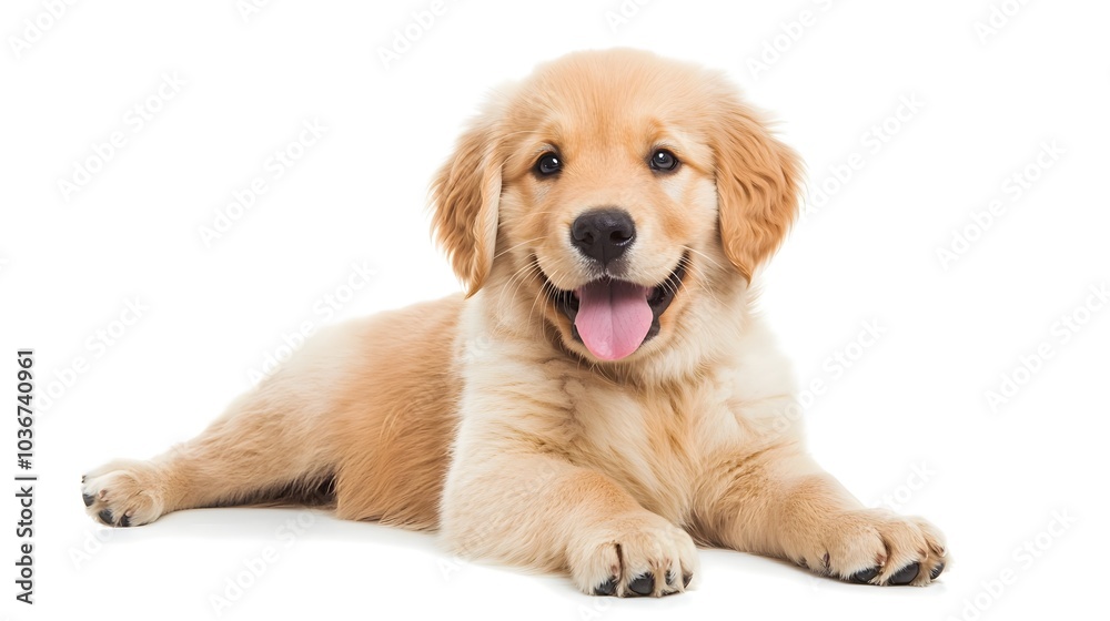 A Chunky Golden Retriever Puppy Sitting with Its Tongue Out Its Round Belly and Big Paws Making It Irresistibly Cute on a White Background A Chunky Golden Retriever Puppy Sitting with Its Tongue Out Its Round Belly and Big Paws Making It Irresistibly Cute on a White Background