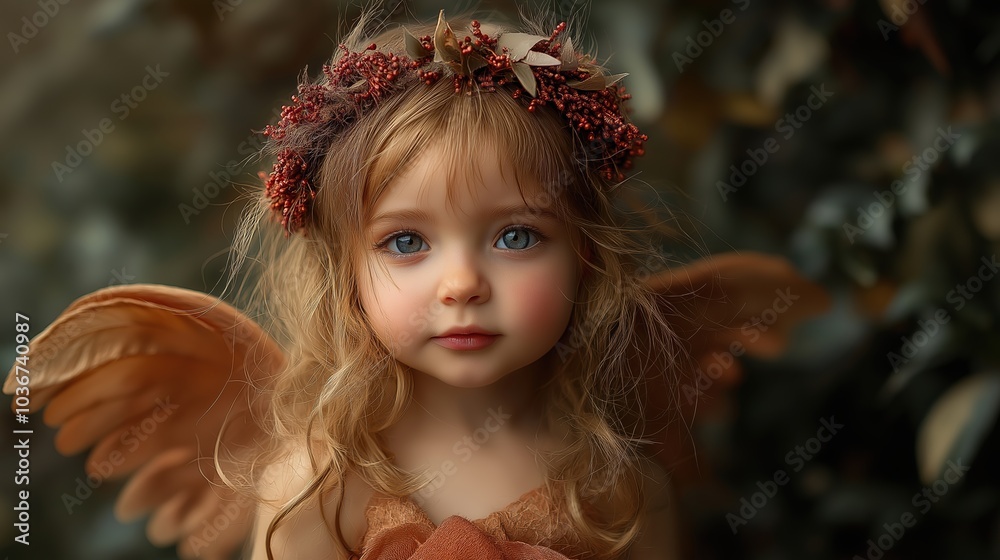 A stunning portrait of a young girl with deep blue eyes, wearing a delicate wreath and soft angel wings A stunning portrait of a young girl with deep blue eyes, wearing a delicate wreath and soft angel wings