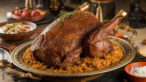 Mofatah: Traditional Saudi dish of slow-cooked whole lamb or large meat cuts with rice and spices. Grand and aromatic, the tender, juicy meat is served with a side of broth or sauce.








 photo